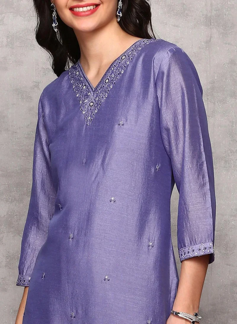 آي شين Women's Purple Polyester Blend Embellished Tunic Full Length Casual Straight Fit Kurta Set